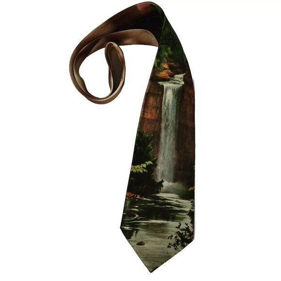 Vintage 1940s Bluestone Waterfall Design Photoprint 4" Wide Necktie Tie - Picture 1 of 5